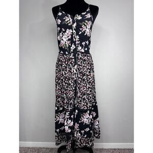 Band Of Gypsies Floral Maxi Dress Tiered Cut-out Detail Tie Back Stretch Waist M